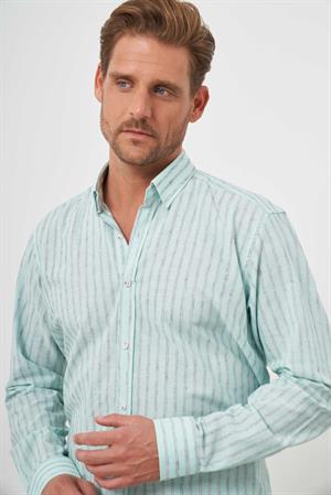 Morven Erkek Su Yeşili Pamuk Çizgili-Panolu İtalyan Yaka Regular Fit Gömlek
