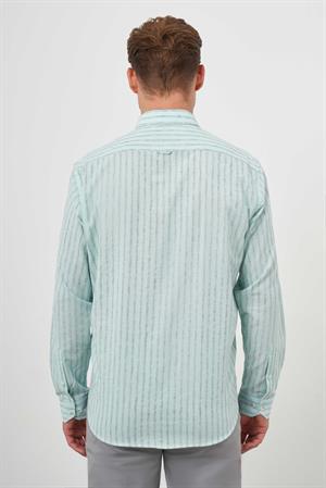 Morven Erkek Su Yeşili Pamuk Çizgili-Panolu İtalyan Yaka Regular Fit Gömlek