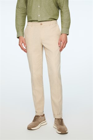 Morven Erkek Taş Keten Trend Desenli Lastikli Slim Fit Pantolon