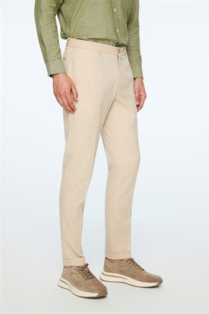 Morven Erkek Taş Keten Trend Desenli Lastikli Slim Fit Pantolon