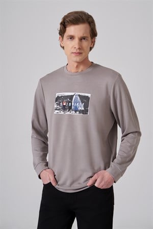 Morven Erkek Taş Trend Baskılı Bisiklet Yaka Sweat-Shirt