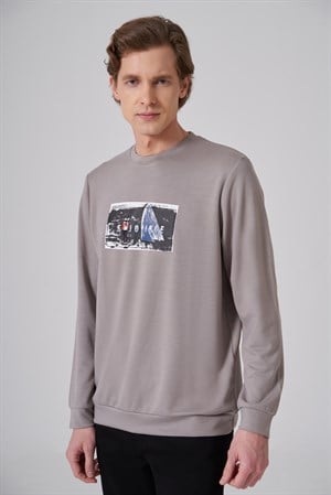 Morven Erkek Taş Trend Baskılı Bisiklet Yaka Sweat-Shirt