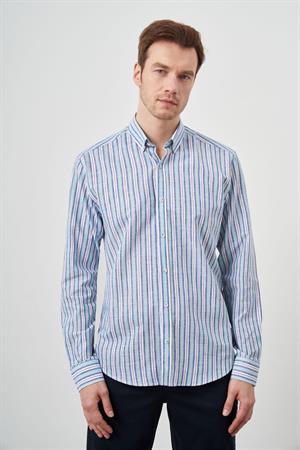 Morven Erkek Turkuaz Keten Panolu Düğmeli Yaka Regular Fit Gömlek