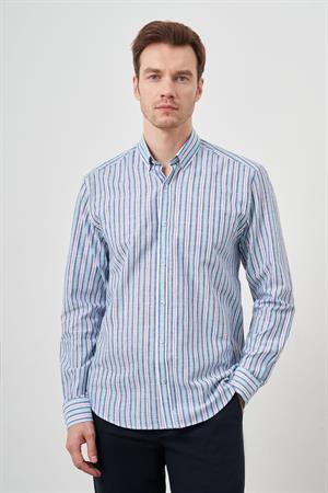 Morven Erkek Turkuaz Keten Panolu Düğmeli Yaka Regular Fit Gömlek