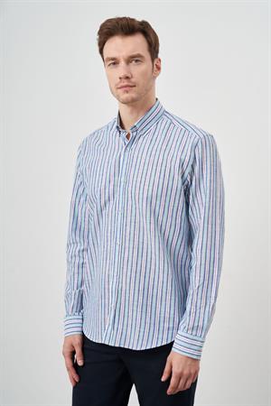 Morven Erkek Turkuaz Keten Panolu Düğmeli Yaka Regular Fit Gömlek