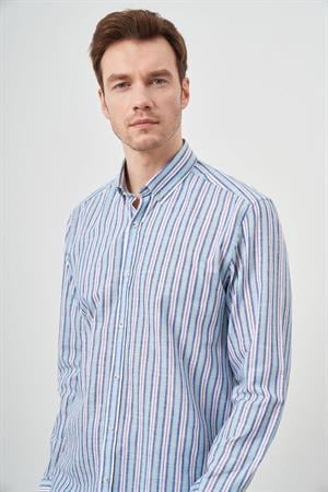 Morven Erkek Turkuaz Keten Panolu Düğmeli Yaka Regular Fit Gömlek