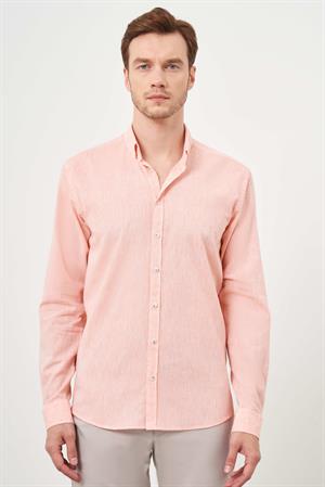 Morven Erkek Turuncu Keten Düz Desen Düğmeli Yaka Slim Fit Gömlek