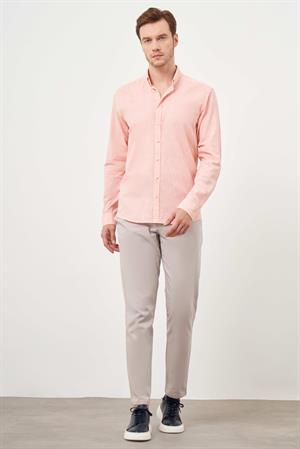 Morven Erkek Turuncu Keten Düz Desen Düğmeli Yaka Slim Fit Gömlek