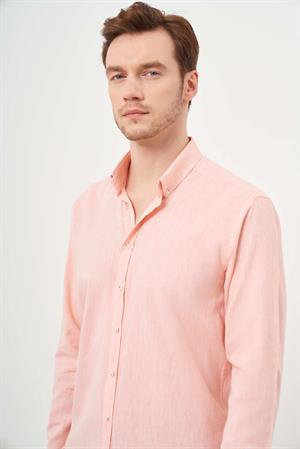 Morven Erkek Turuncu Keten Düz Desen Düğmeli Yaka Slim Fit Gömlek