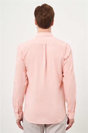 Morven Erkek Turuncu Keten Düz Desen Düğmeli Yaka Slim Fit Gömlek