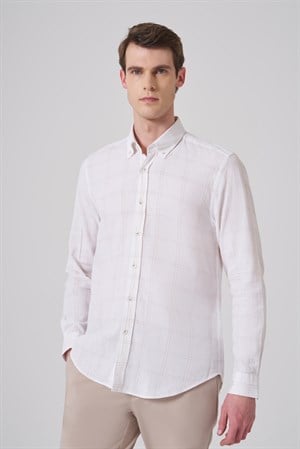 Morven Erkek Turuncu Keten Trend Ekoseli Dynamic Fit Düğmeli Yaka Gömlek