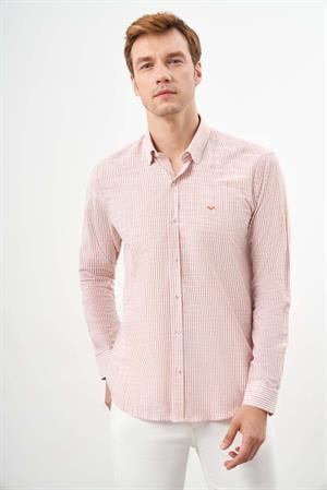 Morven Erkek Turuncu Pamuk Çizgili-Panolu İtalyan Yaka Slim Fit Gömlek