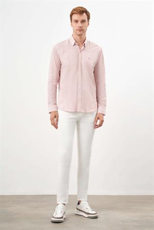 Morven Erkek Turuncu Pamuk Çizgili-Panolu İtalyan Yaka Slim Fit Gömlek