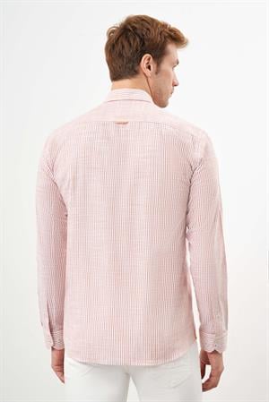 Morven Erkek Turuncu Pamuk Çizgili-Panolu İtalyan Yaka Slim Fit Gömlek