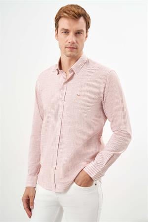 Morven Erkek Turuncu Pamuk Çizgili-Panolu İtalyan Yaka Slim Fit Gömlek