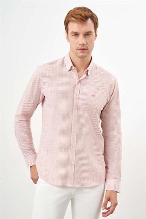 Morven Erkek Turuncu Pamuk Çizgili-Panolu İtalyan Yaka Slim Fit Gömlek