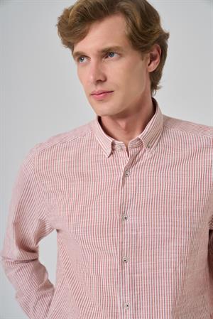 Morven Erkek Turuncu Pamuk Trend Çizgili  Dynamic Fit Düğmeli Yaka Gömlek