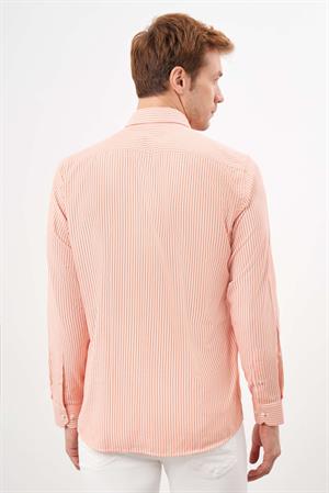 Morven Erkek Turuncu Trend Çizgili Panolu Düğmeli Yaka Regular Fit Gömlek