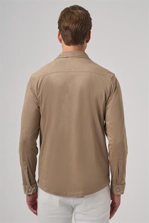 Morven Erkek Vizon Polyester Trend Düz Dynamic Fit Berberi Yaka Gömlek Ceket