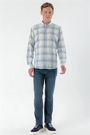 Morven Erkek Yeşil Keten Kareli Regular Fit Gömlek