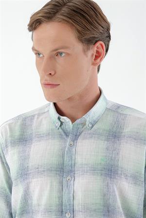 Morven Erkek Yeşil Keten Kareli Regular Fit Gömlek