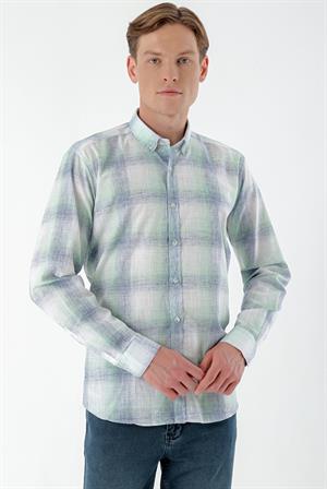 Morven Erkek Yeşil Keten Kareli Regular Fit Gömlek