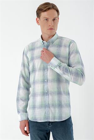 Morven Erkek Yeşil Keten Kareli Regular Fit Gömlek