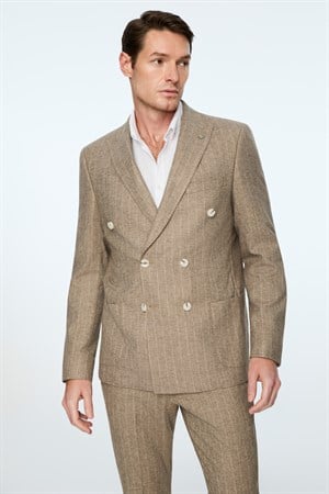 Morven Erkek Yeşil Keten Trend Çizgili Slim Fit Sivri Yaka Kruvaze Takım Elbise