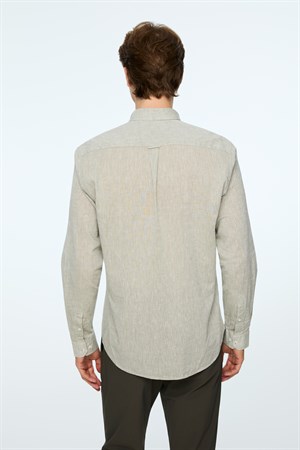 Morven Erkek Yeşil Keten Trend Düz Dynamic Fit Düğmeli Yaka Gömlek