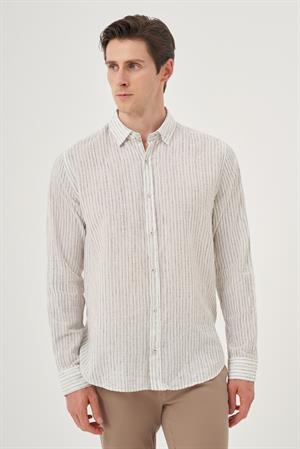 Morven Erkek Yeşil Keten Trend Dynamic Fit Britli Yaka Gömlek