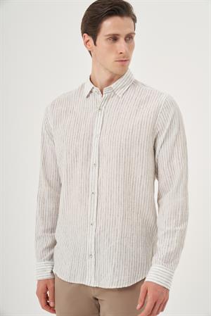 Morven Erkek Yeşil Keten Trend Dynamic Fit Britli Yaka Gömlek