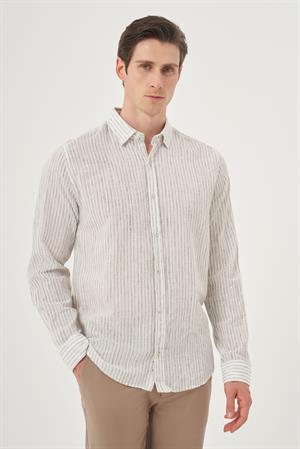 Morven Erkek Yeşil Keten Trend Dynamic Fit Britli Yaka Gömlek