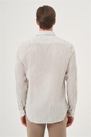 Morven Erkek Yeşil Keten Trend Dynamic Fit Britli Yaka Gömlek