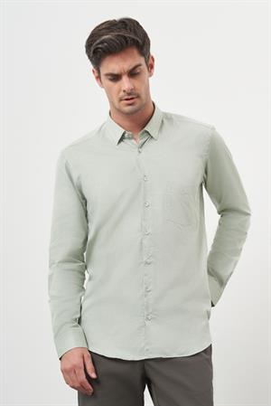 Morven Erkek Yeşil Pamuk Baskılı Desenli Cepli İtalyan Yaka Regular Fit Gömlek