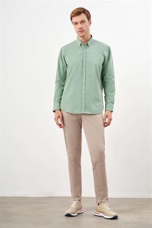 Morven Erkek Yeşil Pamuk Çizgili Panolu Düğmeli Yaka Regular Fit Gömlek