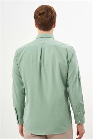 Morven Erkek Yeşil Pamuk Çizgili Panolu Düğmeli Yaka Regular Fit Gömlek