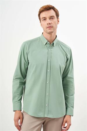 Morven Erkek Yeşil Pamuk Çizgili Panolu Düğmeli Yaka Regular Fit Gömlek