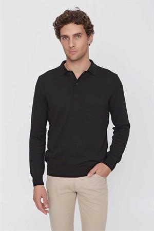 Siyah Basic Dinamik Fit Rahat Kesim Polo Yaka Triko Kazak
