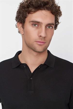 Siyah Basic Dinamik Fit Rahat Kesim Polo Yaka Triko Kazak