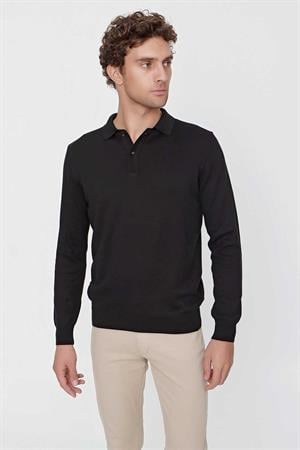 Siyah Basic Dinamik Fit Rahat Kesim Polo Yaka Triko Kazak