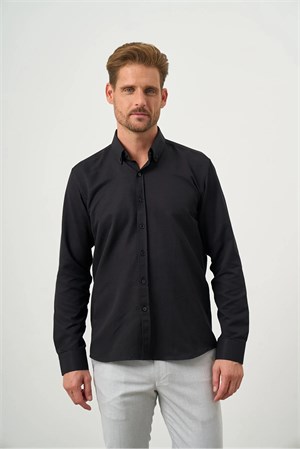 Siyah Düğmeli Yaka Kolay Ütülenebilir Oxford Pamuklu Slim Fit Gömlek