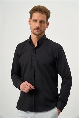 Siyah Düğmeli Yaka Kolay Ütülenebilir Oxford Pamuklu Slim Fit Gömlek