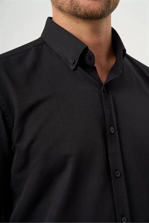 Siyah Düğmeli Yaka Kolay Ütülenebilir Oxford Pamuklu Slim Fit Gömlek