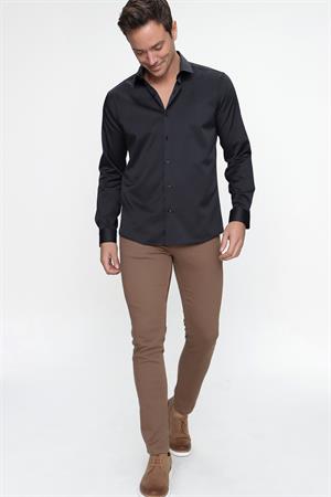 Siyah Slim Fit Düz Sert Yaka Kolay Ütülenebilen (HEDİYE KUTULU) Uzun Kollu Gömlek