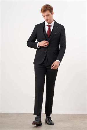 Siyah Yelekli Jakarlı Slim Fit Dar Kesim 6 Drop Erkek Takım Elbise