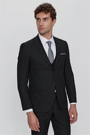 Siyah Yelekli Jakarlı Slim Fit Dar Kesim 6 Drop Erkek Takım Elbise