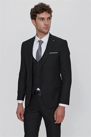 Siyah Yelekli Jakarlı Slim Fit Dar Kesim 6 Drop Erkek Takım Elbise