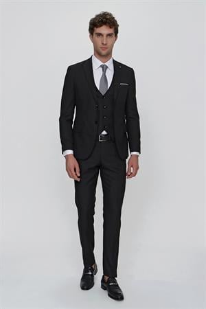 Siyah Yelekli Jakarlı Slim Fit Dar Kesim 6 Drop Erkek Takım Elbise