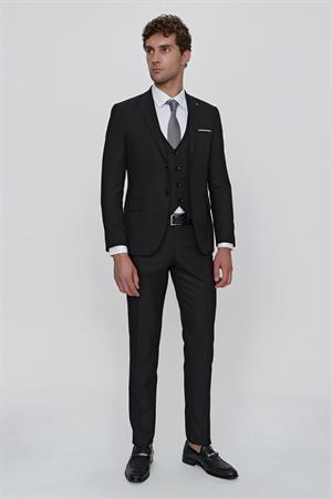 Siyah Yelekli Jakarlı Slim Fit Dar Kesim 6 Drop Erkek Takım Elbise