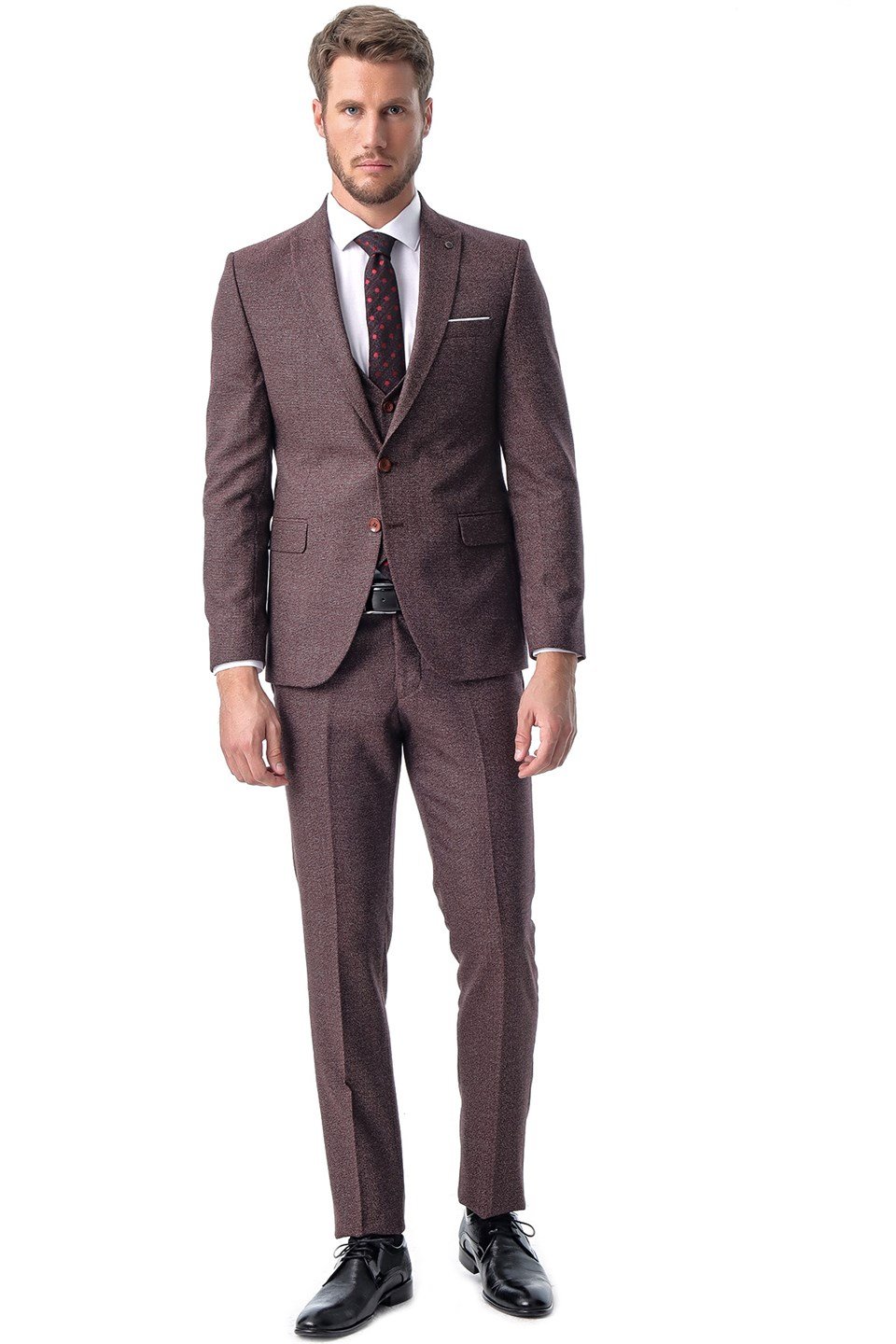  Morven Erkek Bordo Carrera Desenli  Slim Fit Dar Kesim Yelekli 6 Drop Takım Elbise